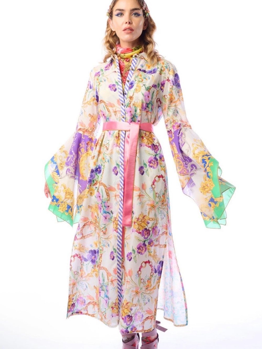 Aratta Miami  Floral Dress / Duster with Pink Sash/ Pockets! - Picture 3 of 5